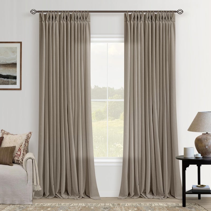 Seeluck Dark Flax Pinch Pleated Linen Curtains 90 Inches Long 2 Panels for Living Room Bedroom Rustic Linen Farmhouse Semi Sheer Pinch Pleat Taupe Grey Beige Curtain Drapes with Hooks Rings 90 Inch Length - Image 1