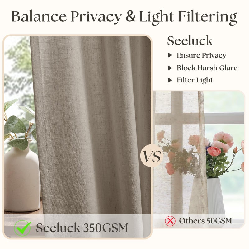 Seeluck Dark Flax Pinch Pleated Linen Curtains 90 Inches Long 2 Panels for Living Room Bedroom Rustic Linen Farmhouse Semi Sheer Pinch Pleat Taupe Grey Beige Curtain Drapes with Hooks Rings 90 Inch Length - Image 5