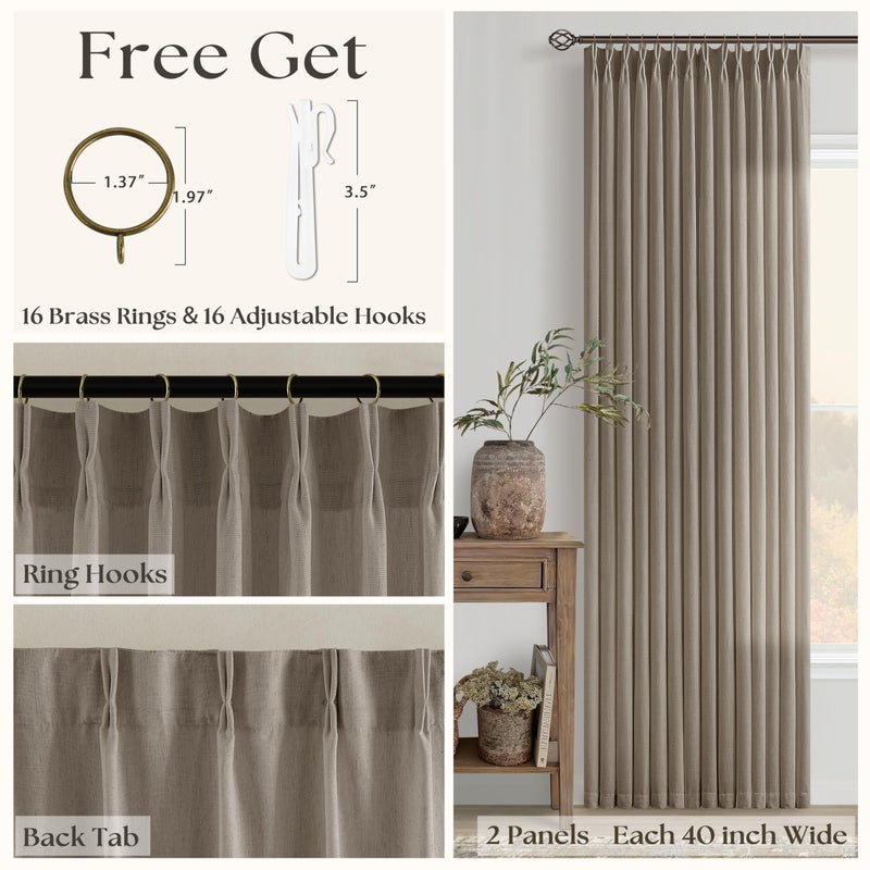 Seeluck Dark Flax Pinch Pleated Linen Curtains 90 Inches Long 2 Panels for Living Room Bedroom Rustic Linen Farmhouse Semi Sheer Pinch Pleat Taupe Grey Beige Curtain Drapes with Hooks Rings 90 Inch Length - Image 3