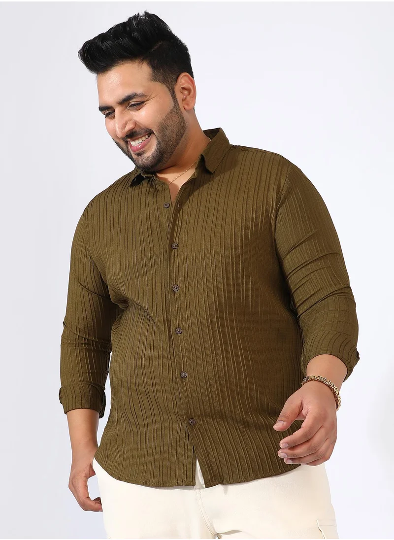 Instafab Plus Men's Olive Green Self-Design Striped Shirt