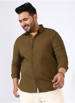 Instafab Plus Men's Olive Green Self-Design Striped Shirt  - Image 2