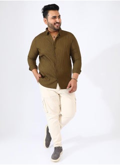 Instafab Plus Men's Olive Green Self-Design Striped Shirt  - Image 5