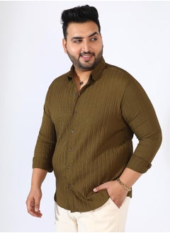 Instafab Plus Men's Olive Green Self-Design Striped Shirt  - Image 3