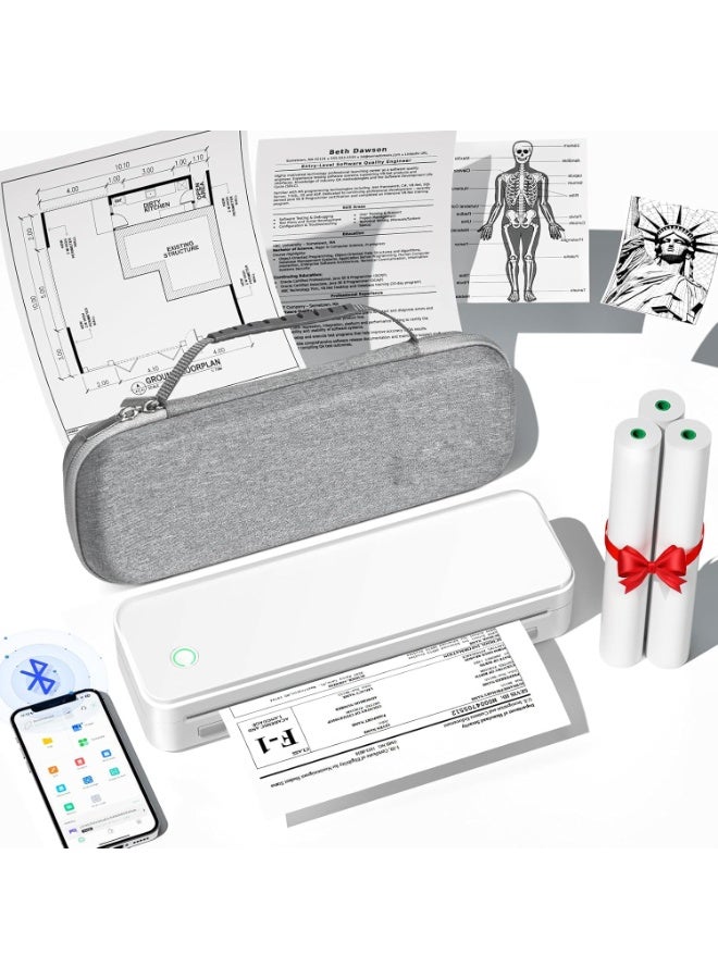 Inkless Portable Printer for Travel, Wireless Thermal Printer Supports 8.5 x 11 Inch US Letter Size, Bluetooth Machine Includes Carry Case and 3 Rolls of Thermal Paper Kit, White - Image 1