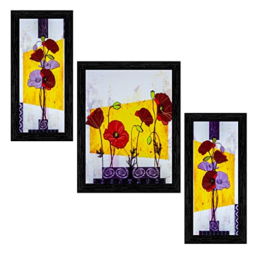 Indianara Set of 3 Multicolored Flowers in a Pot Framed Art Painting (1062BK) without glass 6 X 13, 10.2 X 13, 6 X 13 INCH - Image 1