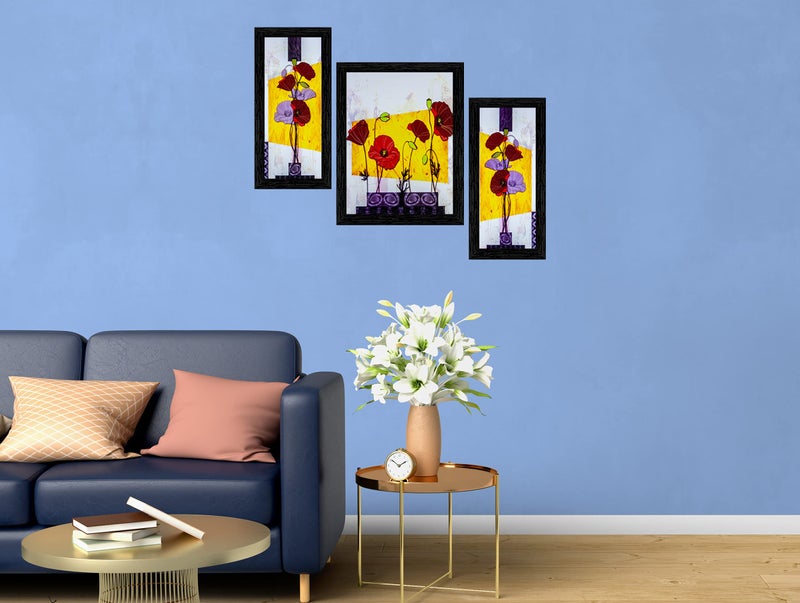 Indianara Set of 3 Multicolored Flowers in a Pot Framed Art Painting (1062BK) without glass 6 X 13, 10.2 X 13, 6 X 13 INCH - Image 3