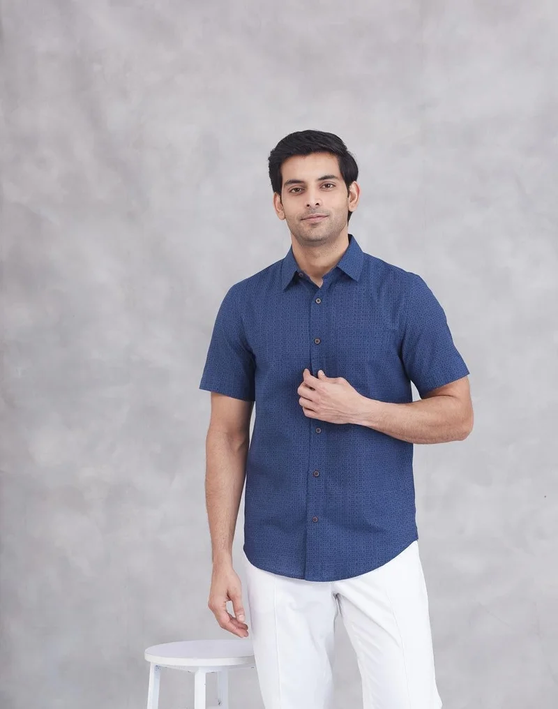 فاب انديا قميص قطني أزرق