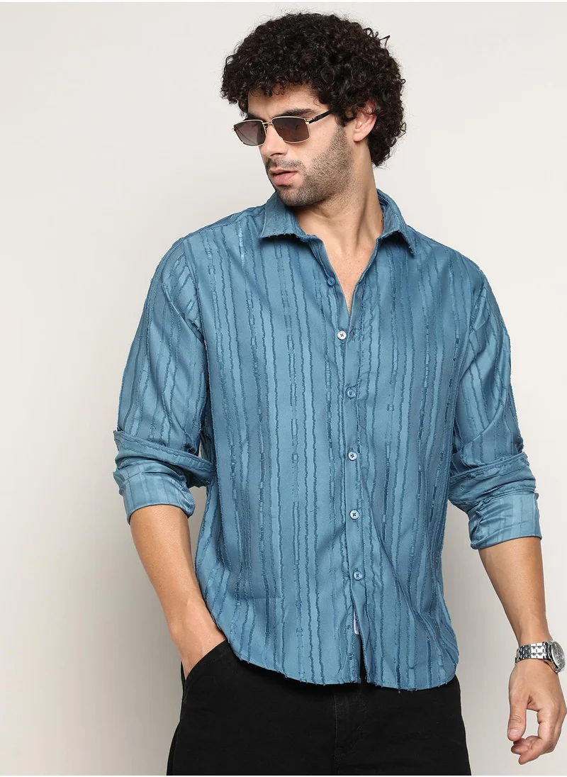 Campus Sutra Men's Azure Blue Ripple-Edge Shirt