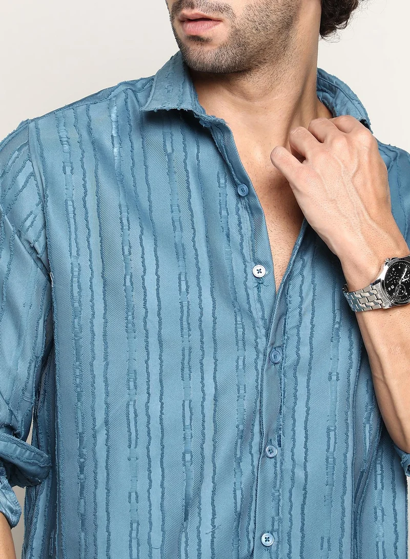 Campus Sutra Men's Azure Blue Ripple-Edge Shirt