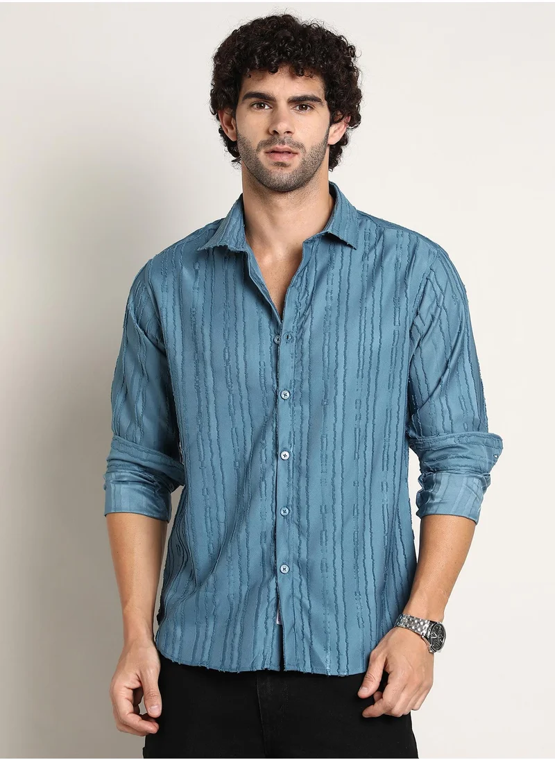 Campus Sutra Men's Azure Blue Ripple-Edge Shirt
