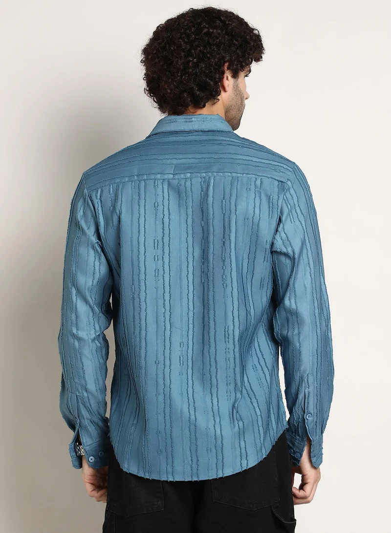 Campus Sutra Men's Azure Blue Ripple-Edge Shirt