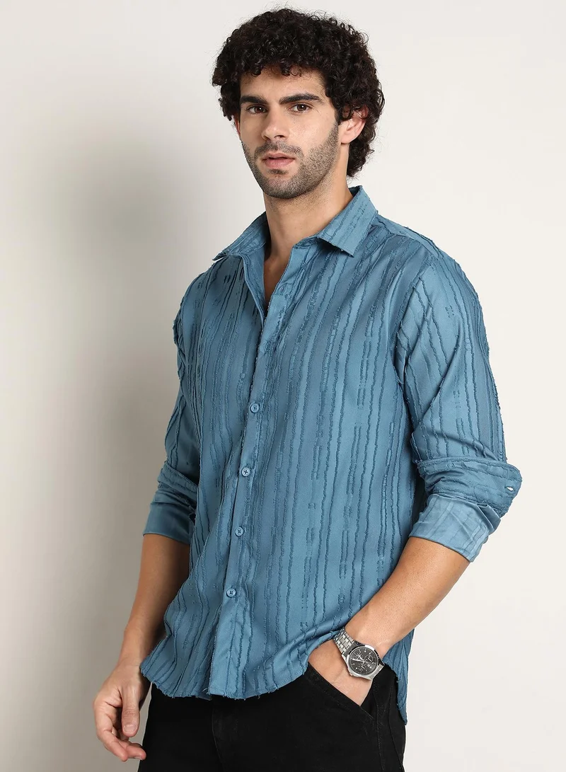 Campus Sutra Men's Azure Blue Ripple-Edge Shirt