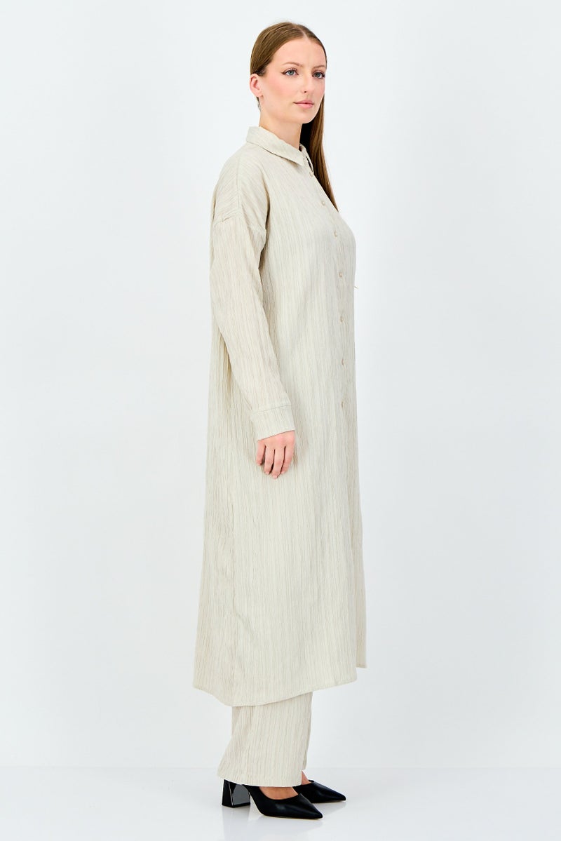 ANNE KLEIN Women 2 Pieces Pointed Collar Long Sleeve Tunic Top And Palazzo Pants Set, Beige - Image 3