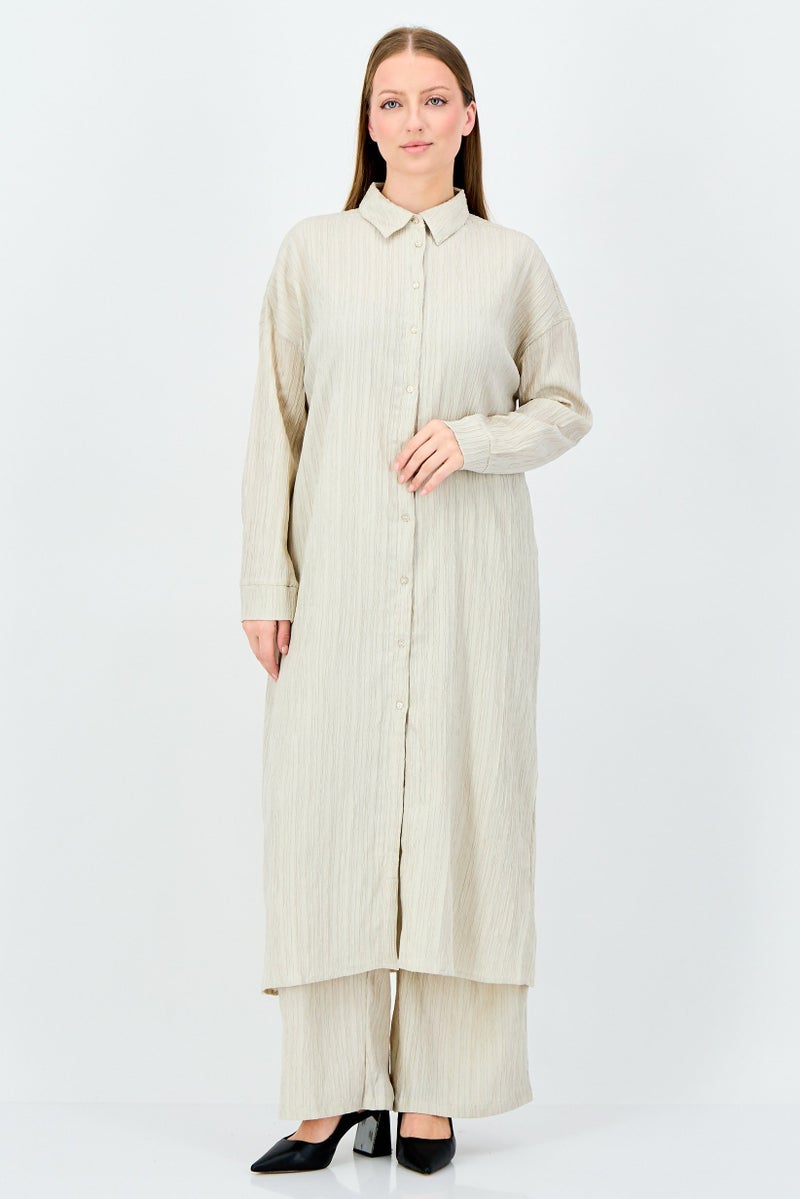 ANNE KLEIN Women 2 Pieces Pointed Collar Long Sleeve Tunic Top And Palazzo Pants Set, Beige - Image 1