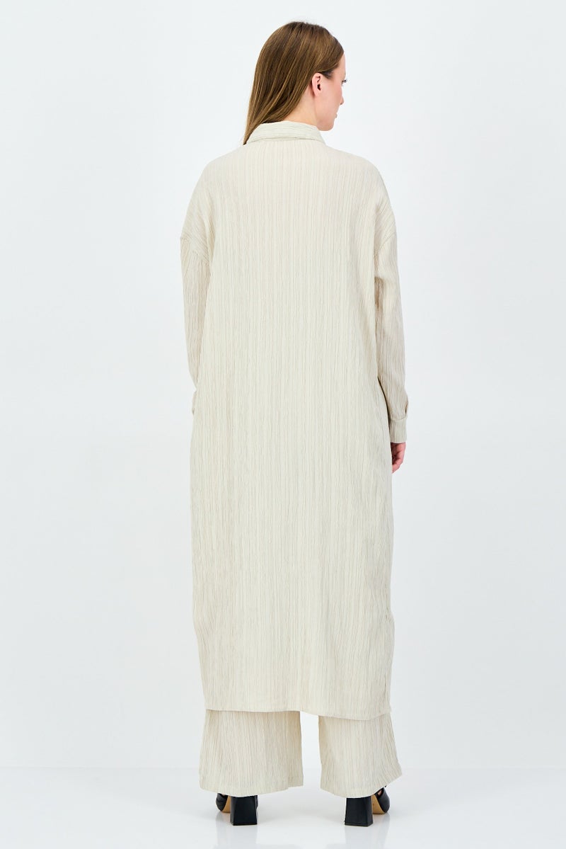 ANNE KLEIN Women 2 Pieces Pointed Collar Long Sleeve Tunic Top And Palazzo Pants Set, Beige - Image 2