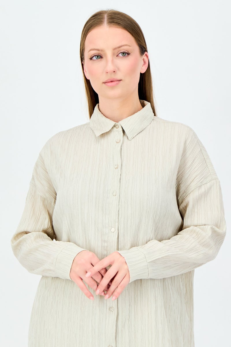 ANNE KLEIN طقم بلوزة طويلة الأكمام مع ياقة مدببة وسروال بالازو، بيج - Image 4
