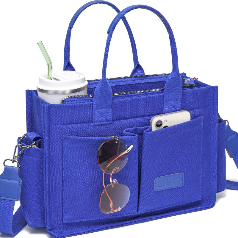 ZHMO Canvas Tote Bag for Women With Compartments and Zipper,Blue Women's Bags Crossbody Bags Work Laptop Tote Bag Large Satchels Handbags Tote Purse Everyday Shoulder Bag for Travel Nurse Teacher Gift - Image 1