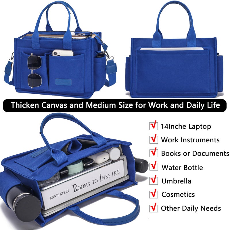 ZHMO Canvas Tote Bag for Women With Compartments and Zipper,Blue Women's Bags Crossbody Bags Work Laptop Tote Bag Large Satchels Handbags Tote Purse Everyday Shoulder Bag for Travel Nurse Teacher Gift - Image 4