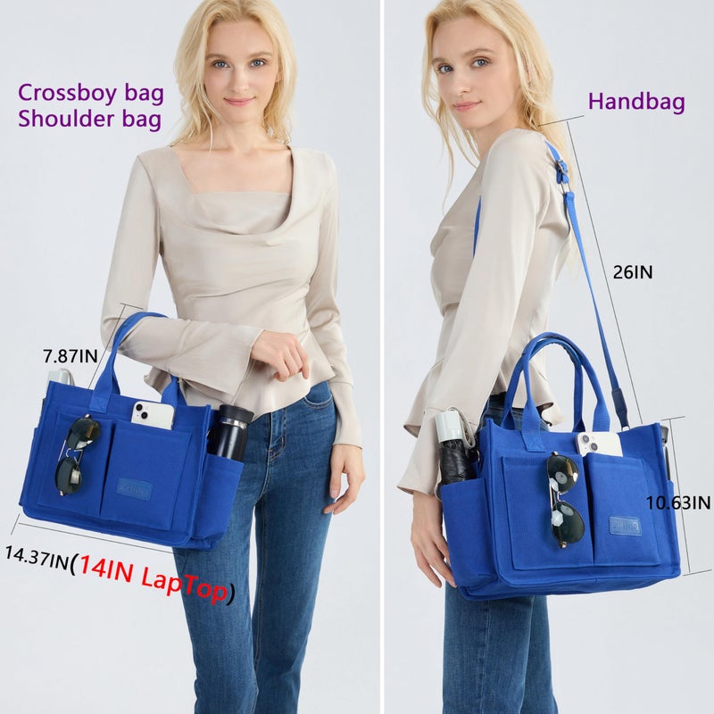 ZHMO Canvas Tote Bag for Women With Compartments and Zipper,Blue Women's Bags Crossbody Bags Work Laptop Tote Bag Large Satchels Handbags Tote Purse Everyday Shoulder Bag for Travel Nurse Teacher Gift - Image 2