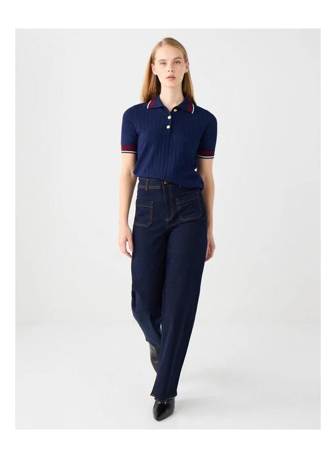 Jimmy Key Navy Slim-Fit Knit Blouse with Shirt Collar