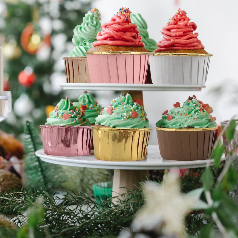 Free Air Foil Cupcake Liners with Lids 100Pack,Free-Air 3.5Oz Mini Muffin Liners Cupcake Baking Cups,Disposable Muffin Tins Cupcake Wrappers for Wedding Birthday Party, with Spoons-Champagne - Image 2