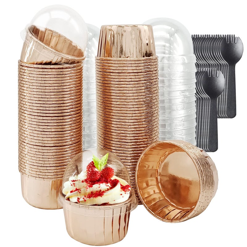Free Air Foil Cupcake Liners with Lids 100Pack,Free-Air 3.5Oz Mini Muffin Liners Cupcake Baking Cups,Disposable Muffin Tins Cupcake Wrappers for Wedding Birthday Party, with Spoons-Champagne - Image 1