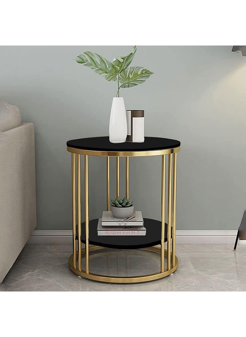 RIBAVARY RIBAVARY Metal Round Coffee Table with Extra Shelf for Living Room Bedroom Side Table for Small Spaces Wooden Top Metal Frame End Table Modern Elegent Design Black Golden 
