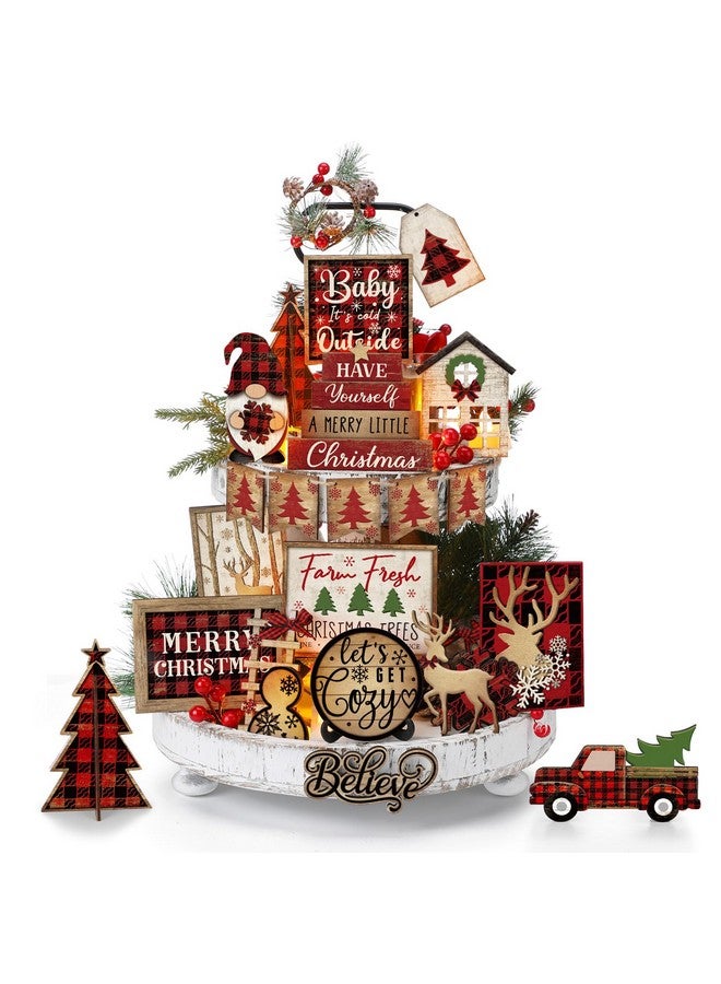Shellwei 24 Pcs Christmas Tiered Tray Decor Wood Rustic Christmas Decoration for Home Table Shelf Christmas Winter Farmhouse Decor Xmas Trees Gnome Elk Snowflake Wooden Signs Buffalo Plaid Table Decor - Image 1