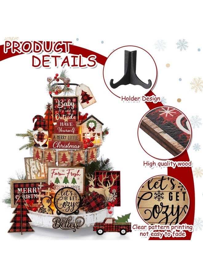 Shellwei 24 Pcs Christmas Tiered Tray Decor Wood Rustic Christmas Decoration for Home Table Shelf Christmas Winter Farmhouse Decor Xmas Trees Gnome Elk Snowflake Wooden Signs Buffalo Plaid Table Decor - Image 5