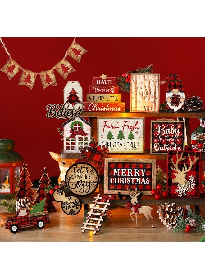 Shellwei 24 Pcs Christmas Tiered Tray Decor Wood Rustic Christmas Decoration for Home Table Shelf Christmas Winter Farmhouse Decor Xmas Trees Gnome Elk Snowflake Wooden Signs Buffalo Plaid Table Decor - Image 2