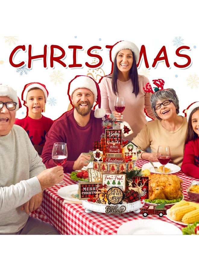 Shellwei 24 Pcs Christmas Tiered Tray Decor Wood Rustic Christmas Decoration for Home Table Shelf Christmas Winter Farmhouse Decor Xmas Trees Gnome Elk Snowflake Wooden Signs Buffalo Plaid Table Decor - Image 4