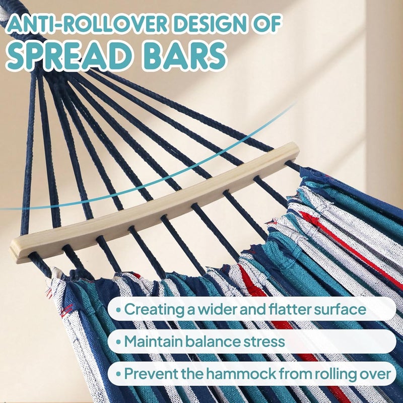 Anyoo Outdoor Cotton Hammock with Tree Straps, Comfortable Fabric Hammock with 40CM Curved Wooden bar, Portable Hammock with Compact Travel Bag, Perfect for Indoor Balcony Garden Patio Yard - Image 4
