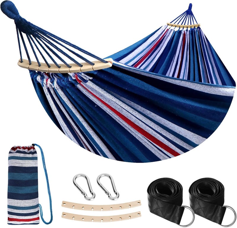 Anyoo Outdoor Cotton Hammock with Tree Straps, Comfortable Fabric Hammock with 40CM Curved Wooden bar, Portable Hammock with Compact Travel Bag, Perfect for Indoor Balcony Garden Patio Yard - Image 1
