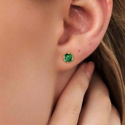 Gem Stone King 14K Gold Gemstone Birthstone Solitaire Stud Earrings | Round 6MM | Gold Earrings For Women Men - Image 3