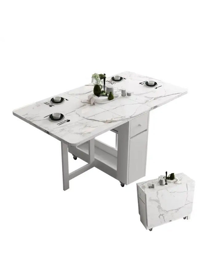 FUNROLUX Folding Dining Table with Rack and 2 Storage Drawers, Movable Extendable Space Saving Kitchen Table in 3 Forms (White) - Image 1