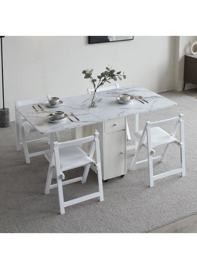 FUNROLUX Folding Dining Table with Rack and 2 Storage Drawers, Movable Extendable Space Saving Kitchen Table in 3 Forms (White) - Image 2