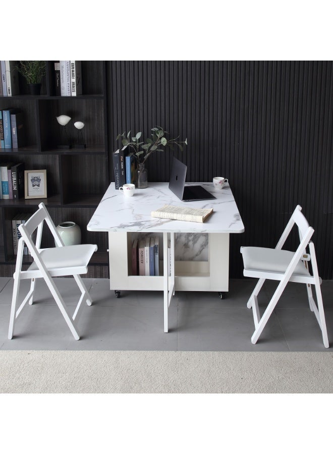 FUNROLUX Folding Dining Table with Rack and 2 Storage Drawers, Movable Extendable Space Saving Kitchen Table in 3 Forms (White) - Image 5