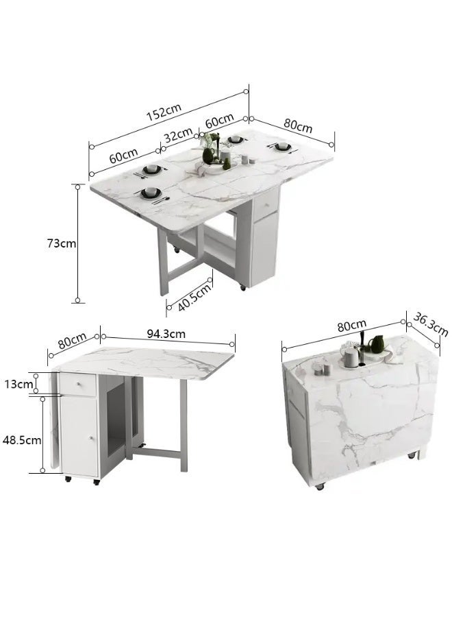 FUNROLUX Folding Dining Table with Rack and 2 Storage Drawers, Movable Extendable Space Saving Kitchen Table in 3 Forms (White) - Image 3