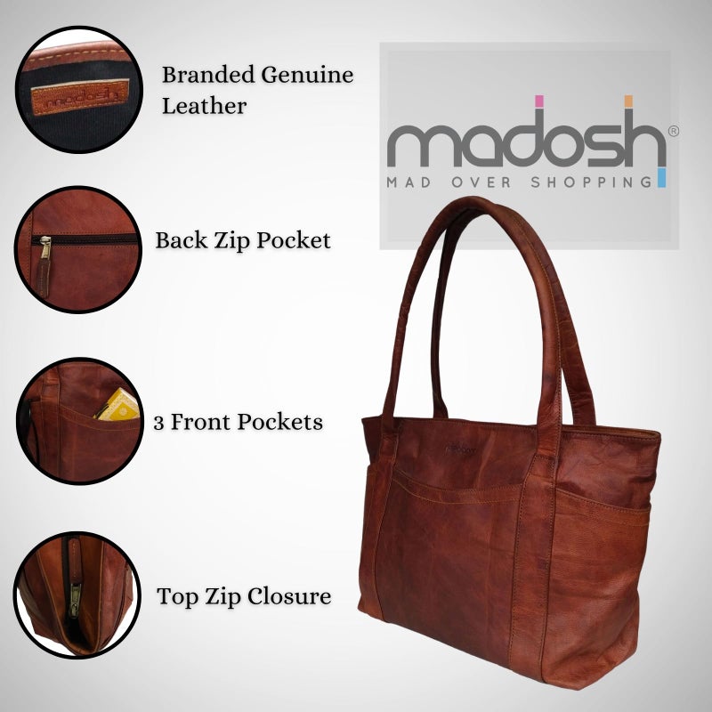 Madosh Womens Valentine Gift Shoulder Handbag Genuine Leather Brown Tote Everyday Ladies Purse Shopper Bag - Image 4