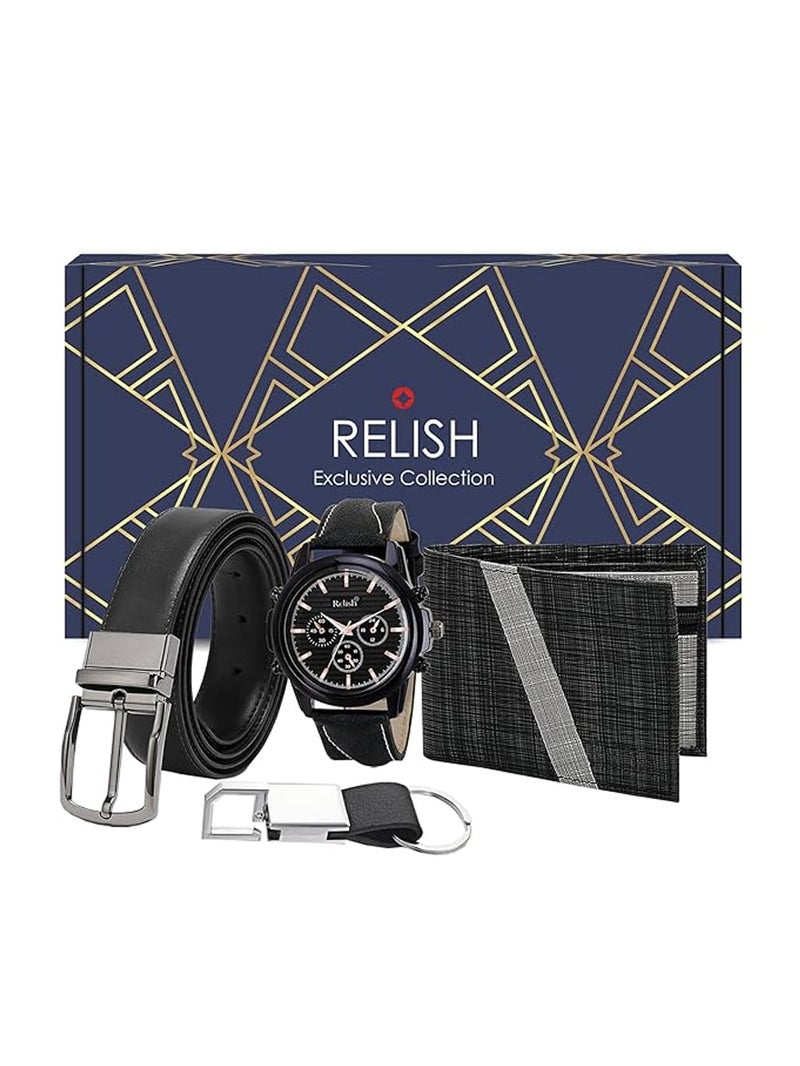 Relish Gift Combo Box of Men's Black Analog Leather Strap Watch, Texture Wallet, Leather Belt and Metal Hook Keychain - Image 1