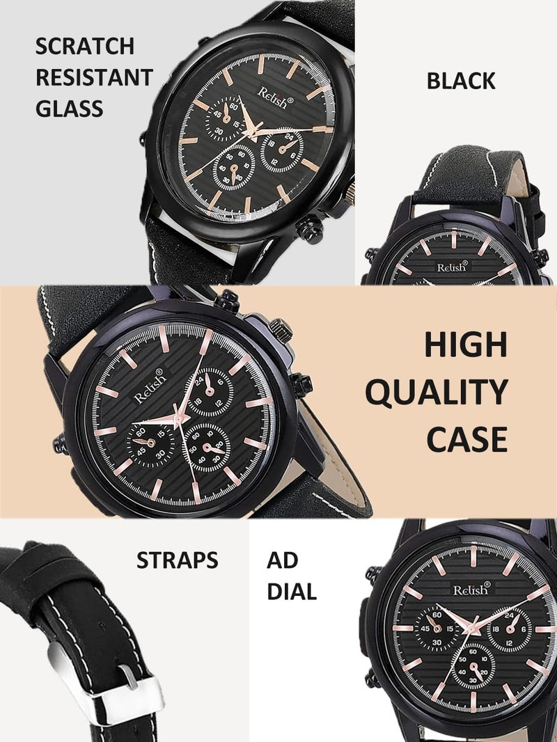Relish Gift Combo Box of Men's Black Analog Leather Strap Watch, Texture Wallet, Leather Belt and Metal Hook Keychain - Image 2