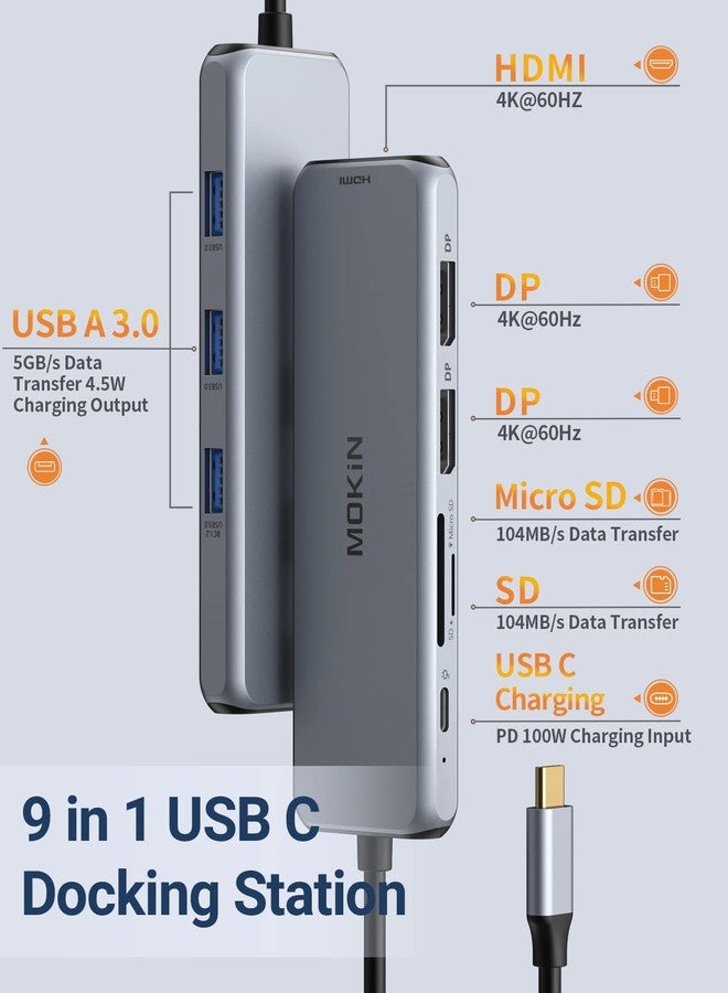 MOKiN Docking Station Dual DisplayPort, USB C Hub Dongle with 2 DP, HDMI, 3 USB A 3.0, SD & Micro SD Slot, PD Charging Port for MacBook/Dell XPS/Steam Deck/HP/Lenovo ThinkPad/Microsoft Surface - Image 2