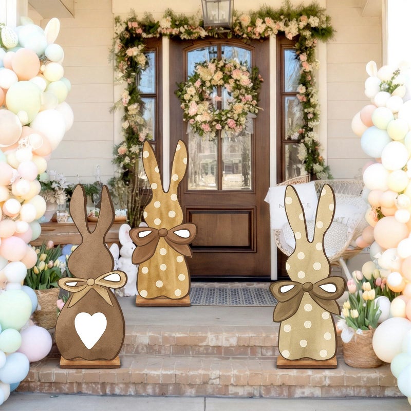 Vercraft 3 Pcs Outdoor Easter Decorations for Porch Large Wooden Easter Bunny Porch Sign Rustic Polka Dot Bunny with Bow Spring Party Decor for Front Door Yard Garden, 23.6 Inch - Image 4