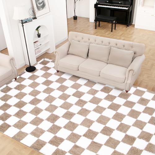 TOOHUB Super Soft Rug for Bedroom, 5x8 Ft Beige and White Area Rug Classic Checkered Shaggy Anti-Skid High Pile Soft Fluffy Rug Fuzzy Carpet for Living Room Bedroom Kids Room Nursery, Dorm Home Decor - Image 2