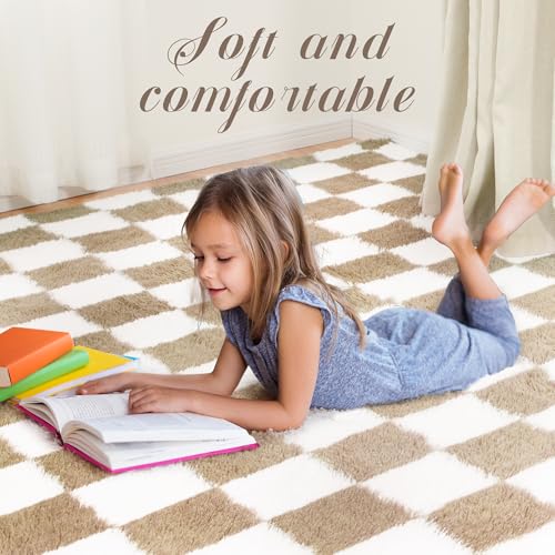 TOOHUB Super Soft Rug for Bedroom, 5x8 Ft Beige and White Area Rug Classic Checkered Shaggy Anti-Skid High Pile Soft Fluffy Rug Fuzzy Carpet for Living Room Bedroom Kids Room Nursery, Dorm Home Decor - Image 5