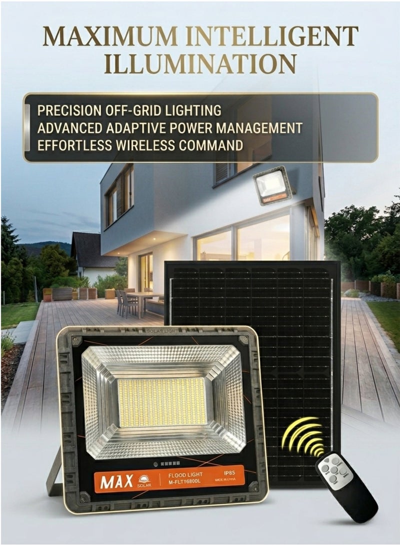 ماكس كشاف إضاءة LED يعمل بالطاقة الشمسية من ماكس - 16800 لومن، مقاوم للماء بمعيار IP65، مصباح أمان خارجي مع جهاز تحكم عن بعد وبطارية ليثيوم فوسفات الحديد (LiFePO4). - Image 1