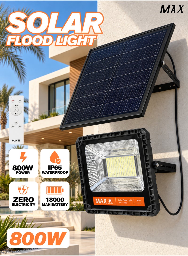Max 800W Solar Led Flood Light With Ip65 Waterproof Protection, 18ah Lifepo4 Battery, 18w Solar Panel, 12-Hour Runtime, 90° Wide Beam, Remote Control And Dusk-To-Dawn Sensor - Image 1