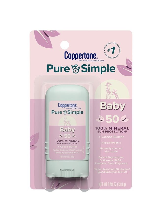 Coppertone عصا واقي شمس للأطفال نقي وبسيط SPF 50، واقي شمس معدني أكسيد الزنك للأطفال، خالي من الدموع، مقاوم للماء، واقي شمس واسع الطيف SPF 50، 0.49 أونصة عصا - Image 1