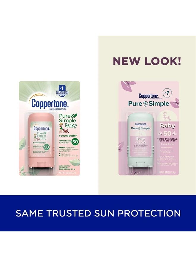 Coppertone عصا واقي شمس للأطفال نقي وبسيط SPF 50، واقي شمس معدني أكسيد الزنك للأطفال، خالي من الدموع، مقاوم للماء، واقي شمس واسع الطيف SPF 50، 0.49 أونصة عصا - Image 2