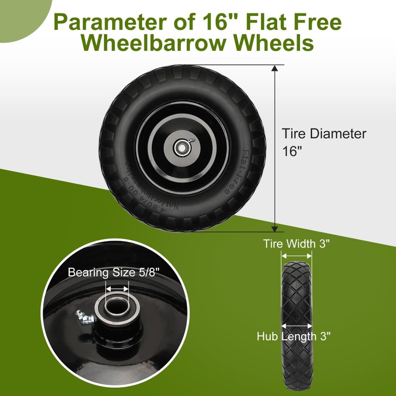 Pontuss Upgraded 16" Flat Free Wheelbarrow Wheels and Tires, 4.80/4.00-8 Solid Wheelbarrow Tires with 5/8"&3/4" Bearings,14"-16" Universal Fit Wheelbarrow Wheels for Wheelbarrows/Garden Trailer - Image 2